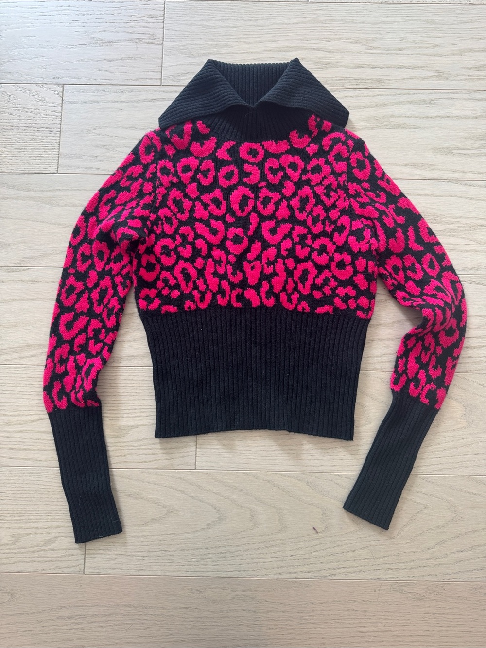 Dior Black & Hot Pink Leopard-Print Funnel Neck Sweater